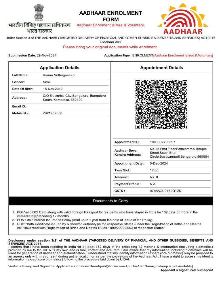 Aadhaar Enrolment Appointment Details | PDF | Identity Document ...