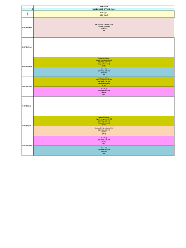 JEE 2026 Offline Class Schedule | PDF | Energy Storage | Electromagnetism