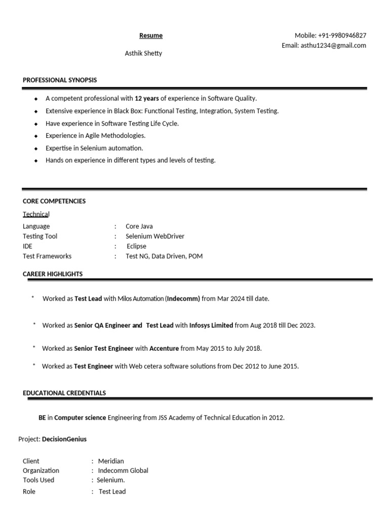 Resume Asthik QA 11+years | PDF | Selenium (Software) | Software Testing