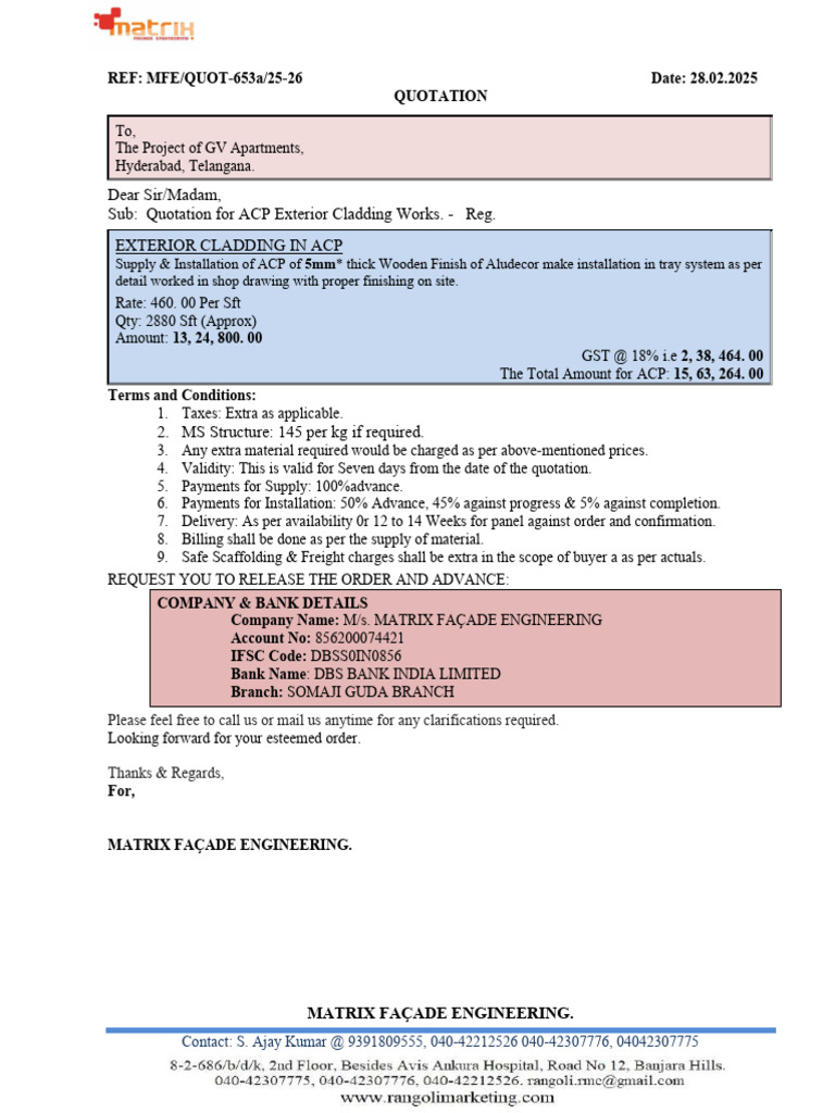 Quotation for ACP Cladding Works | PDF