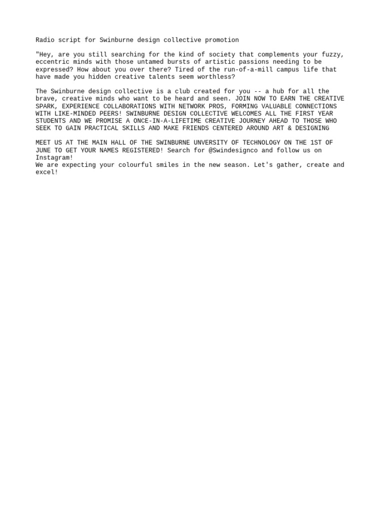 Radio Script For Swinburne Design C | PDF