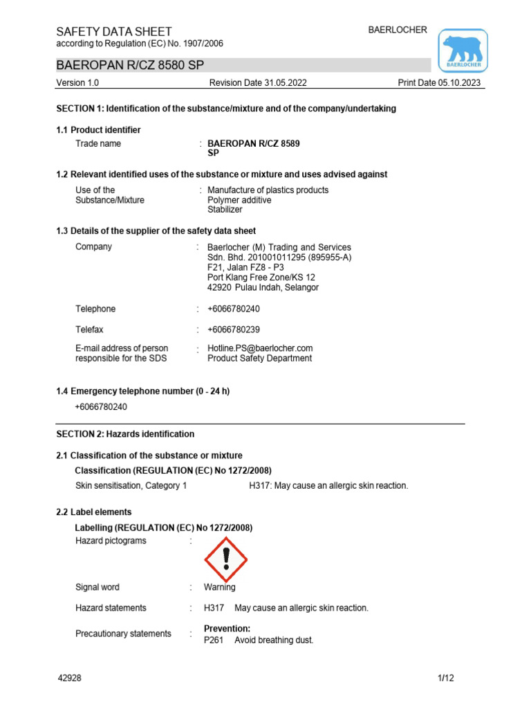 Baeropan R/CZ 8580 SP Safety Data Sheet | PDF | Dangerous Goods | Toxicity
