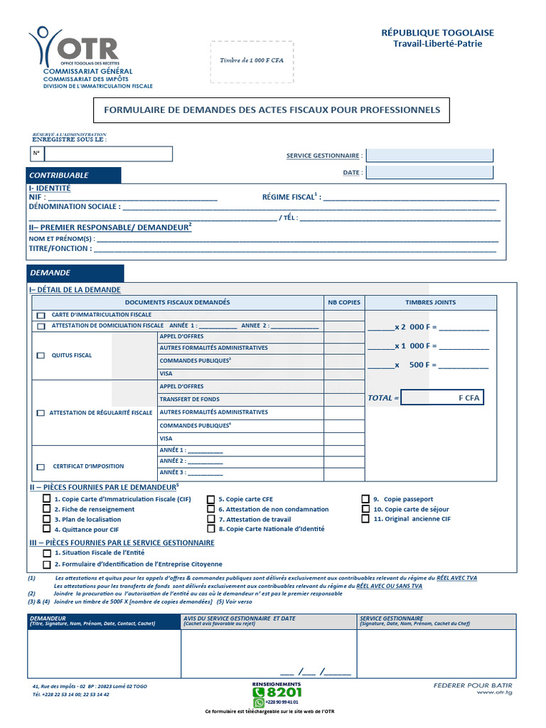 Formulaire de demande d'actes fiscaux OTR | PDF | Visa (Document)