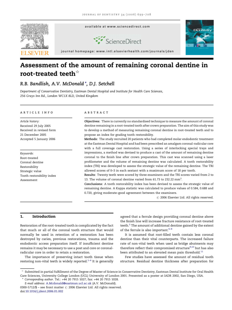 Tooth Restorability Index Development | PDF | Tooth | Human Tooth