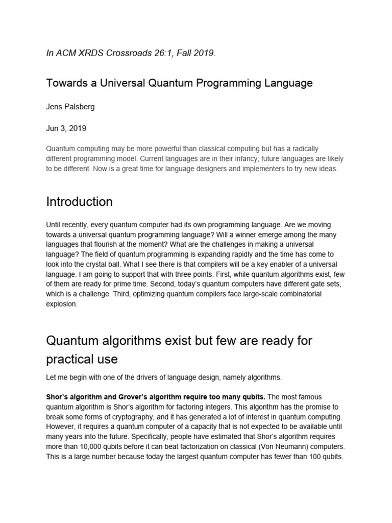 Universal Quantum Programming Language | PDF | Quantum Computing ...