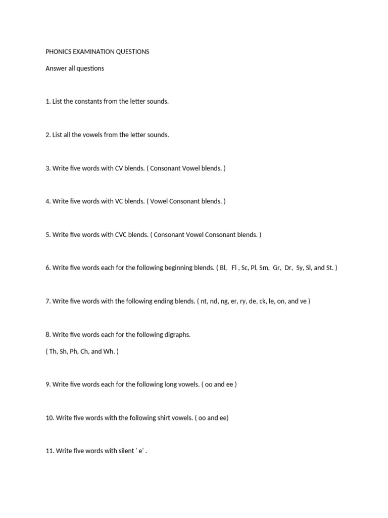 Phonics Examination Questions Guide | PDF