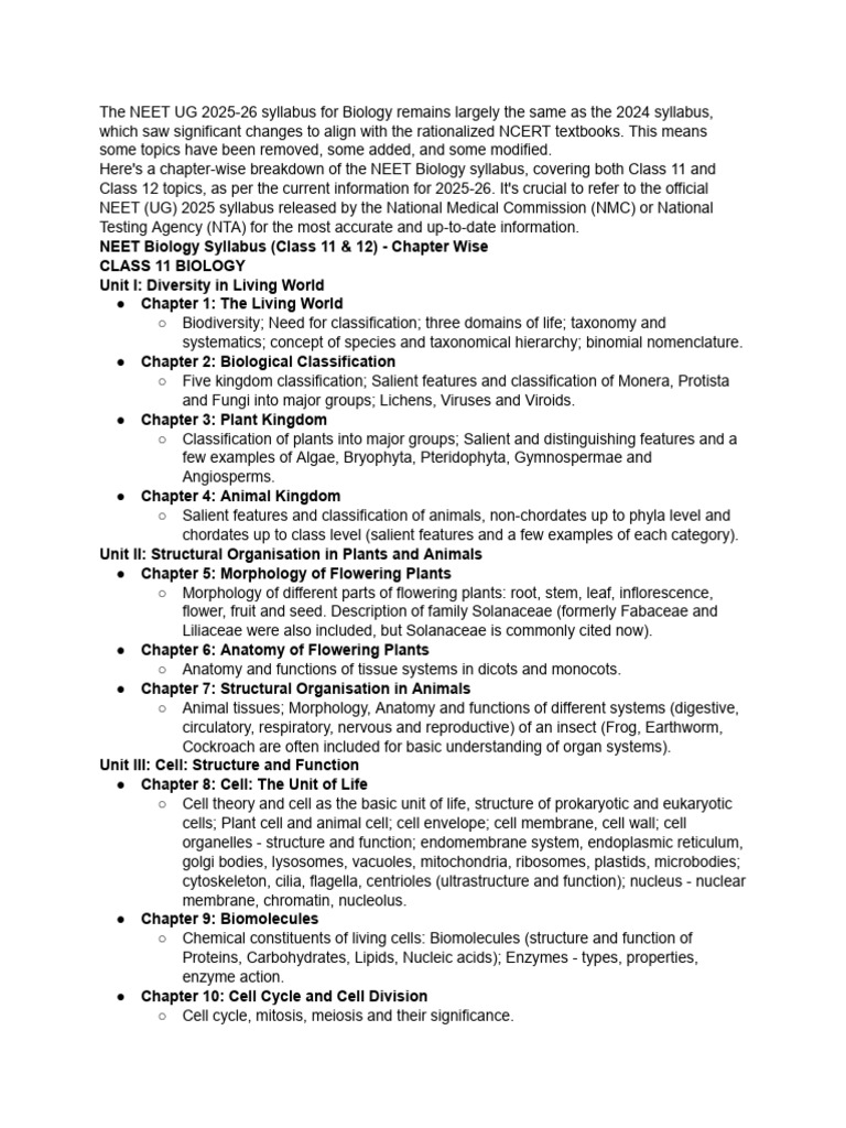 NEET UG 2025-26 Biology Syllabus Overview | PDF | Cell (Biology) | Heredity