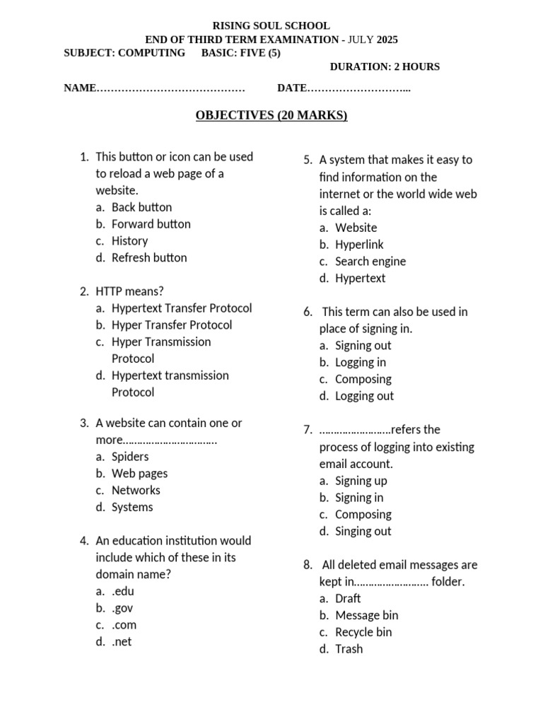 Basic Computing Exam for Grade 5 | PDF | Spreadsheet | World Wide Web