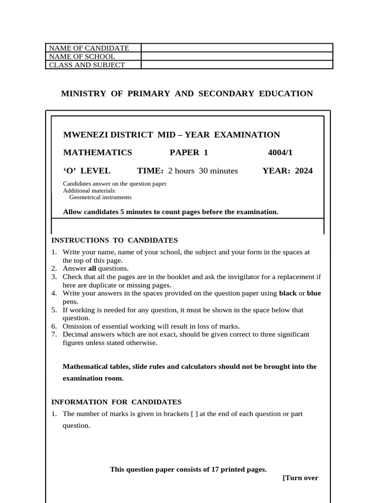 Mwenezi District O-Level Math Exam 2024 | PDF | Elementary Mathematics ...
