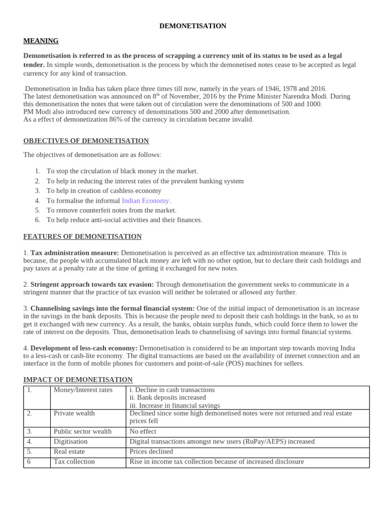 DEMONETISATION | PDF | Legal Tender | Indian Black Money