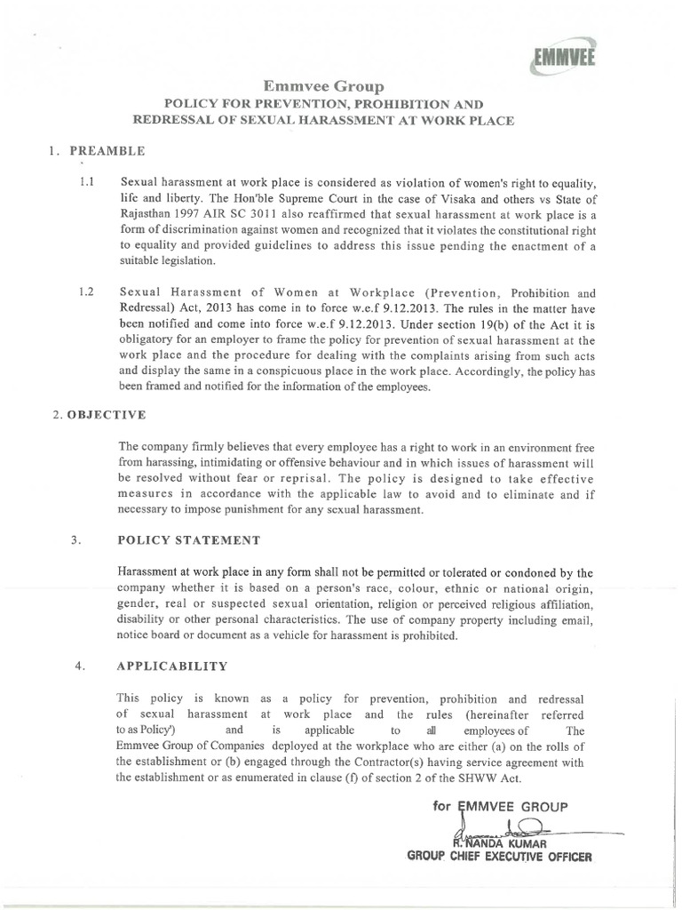 POSH Policy of Emmvee | PDF