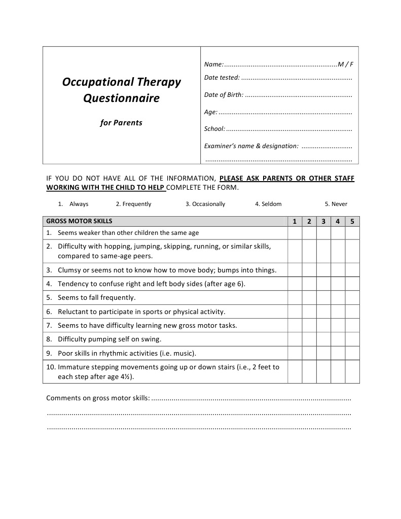 Occupational Therapy Parent Questionnaire | PDF | Neuroscience ...
