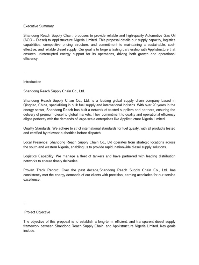 Diesel Supply Proposal for Applistructure | PDF | Supply Chain | Diesel ...