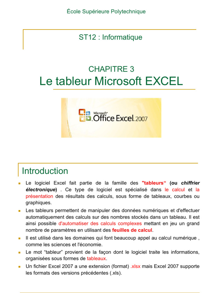 Introduction à Microsoft Excel 2007 | PDF | Feuille de calcul ...