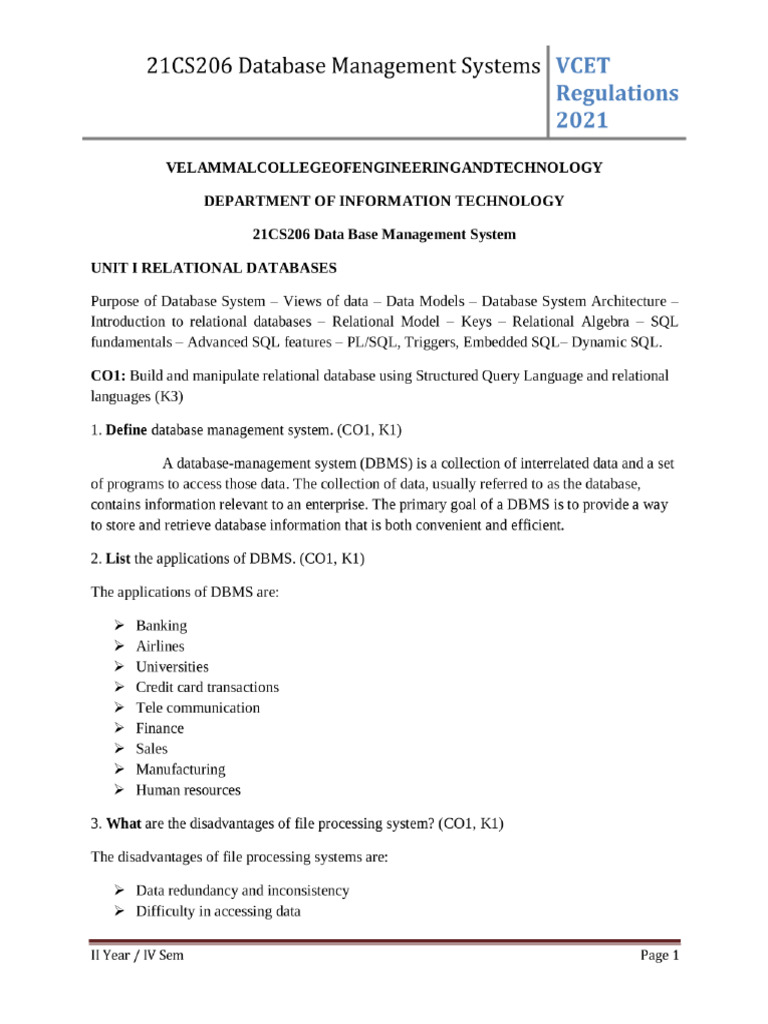 DBMS Unit 1 QB | PDF