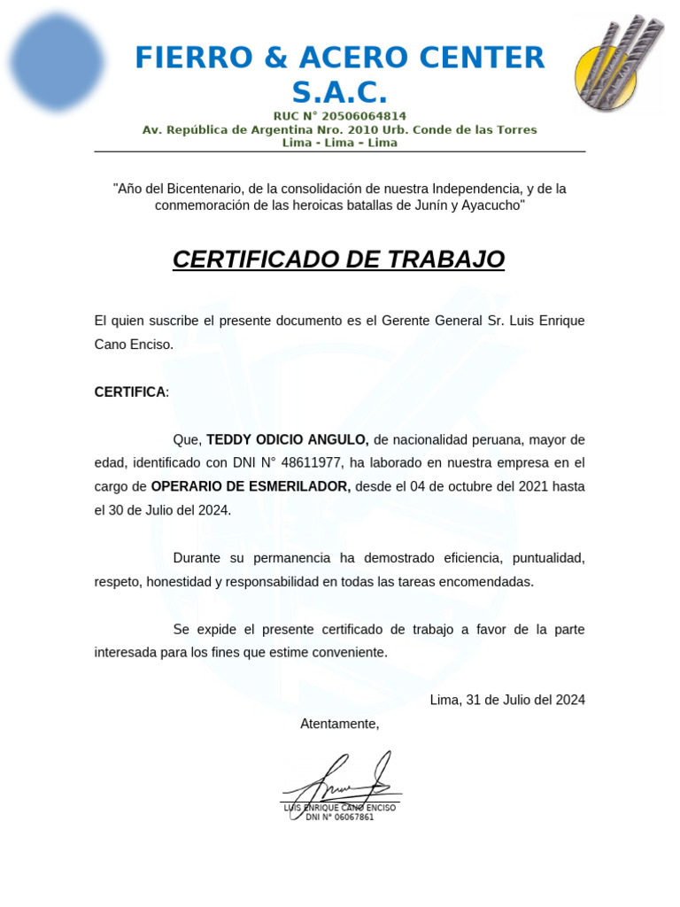 Certificado de Trabajo - Teddy Odicio Angulo | PDF