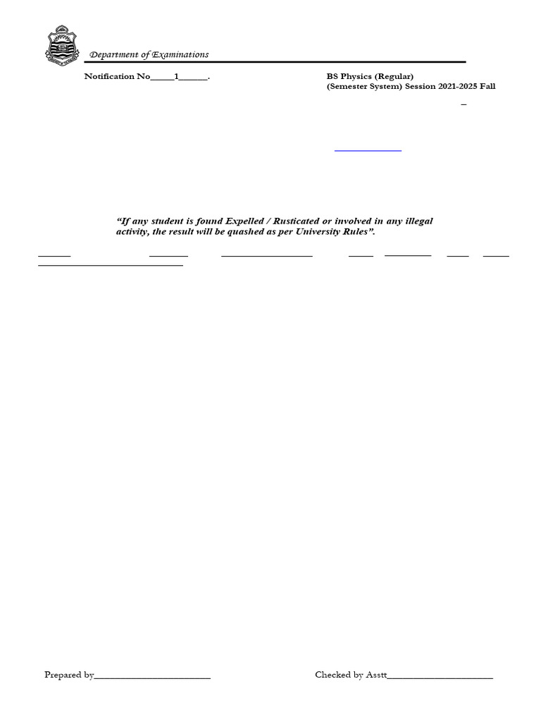 BS Physics Regular Semester System Session 2021 2025 Fall 5th Semester ...