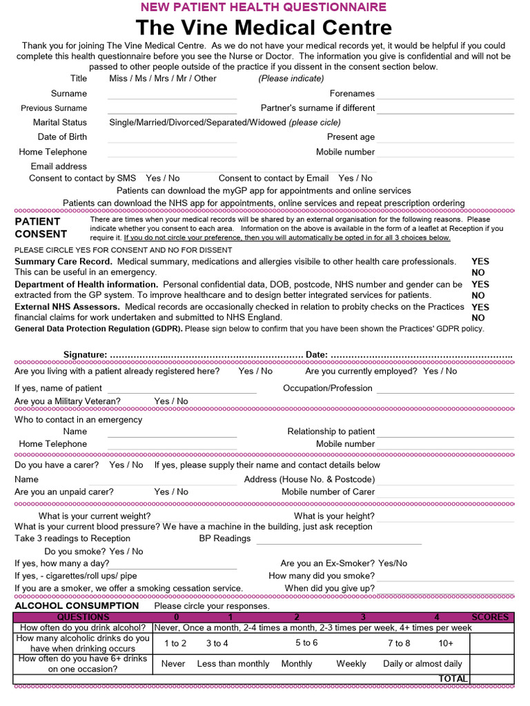 New Patient Health Questionnaire | PDF | Emergency Department ...