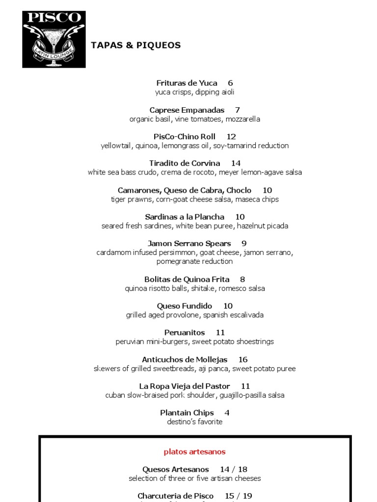 Pisco Food Menu | PDF | Cooking, Food & Wine