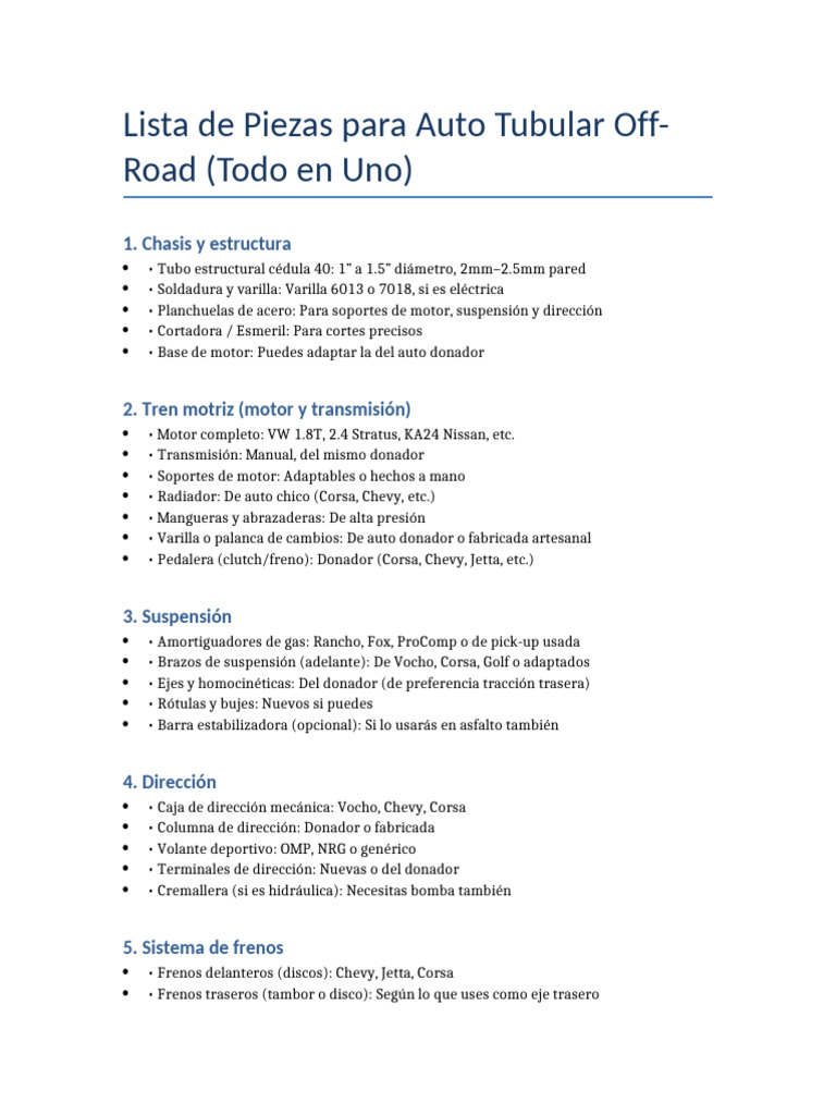 Lista Auto Tubular OffRoad | PDF | Vehículo de motor | Vehículos terrestres