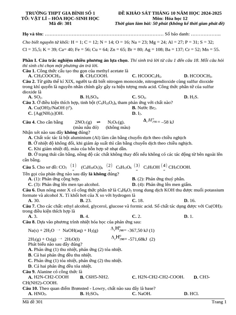 HÓA 12-Ma - de - 301 | PDF