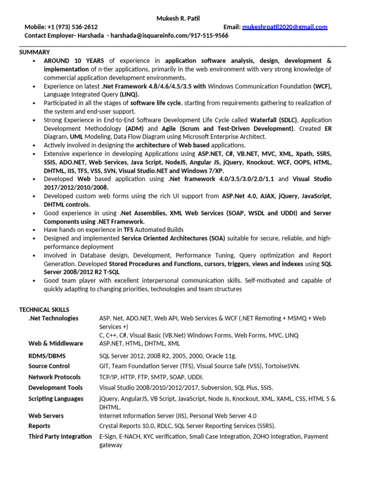 .NET Developer with 10 Years Experience | PDF | Microsoft Sql Server ...