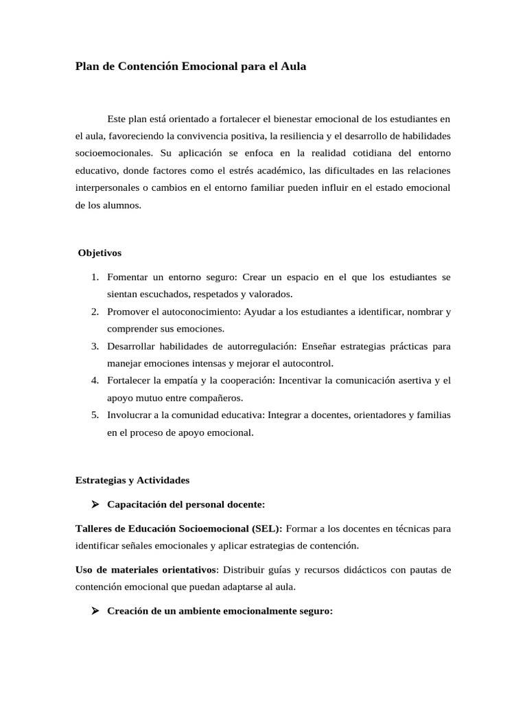 Plan de Contención Emocional Escolar | PDF | Las emociones | Salón de ...