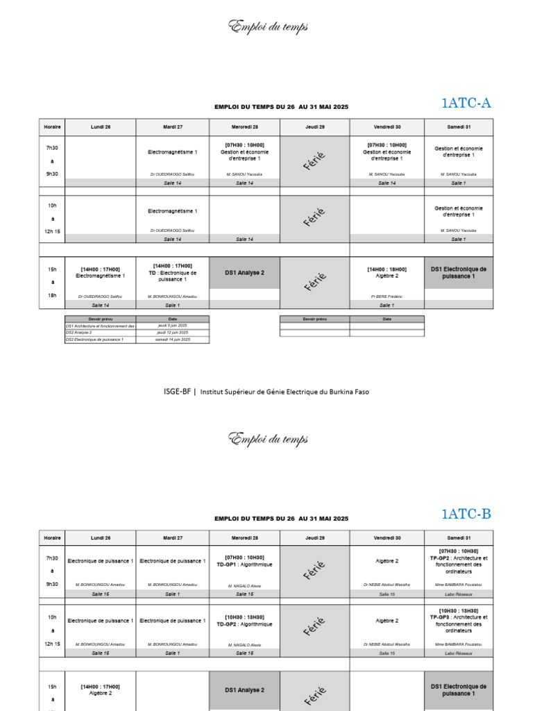 Emploi du temps du 26 au 31 mai 2025 | PDF | Électricité | Informatique