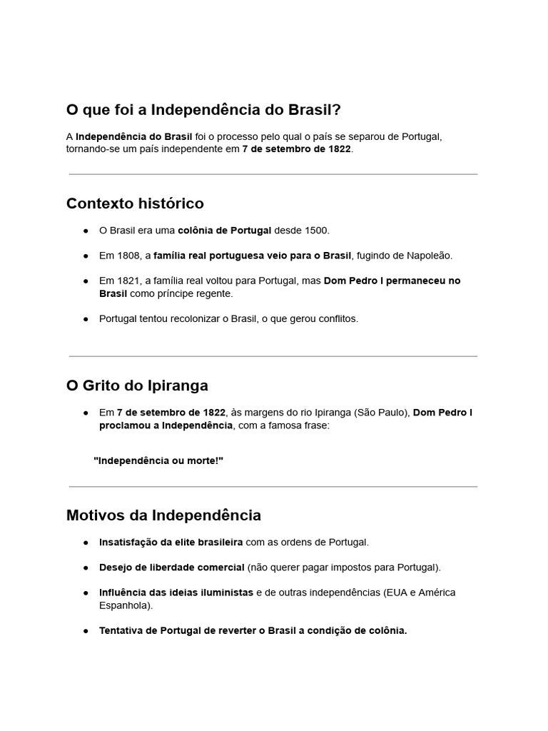 Resumo da Independência do Brasil | PDF