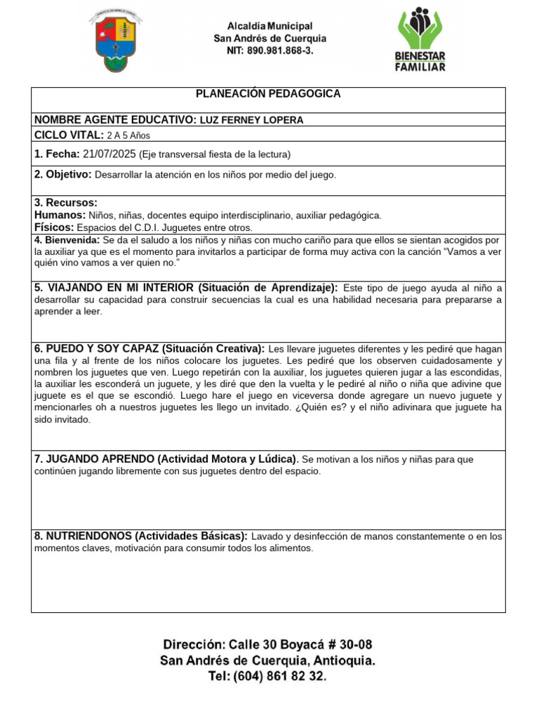 Planeacion Pedagogica Del 21 Al 24 de Julio | PDF | Aprendizaje