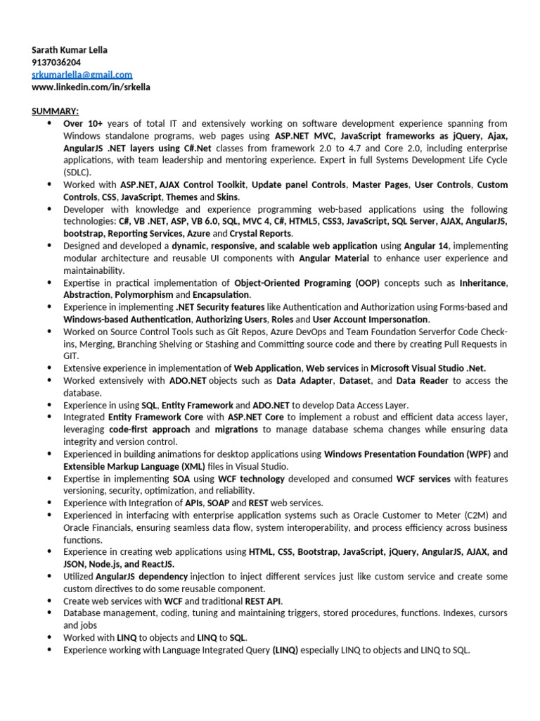 Senior Full Stack .NET Developer Resume | PDF | Language Integrated ...
