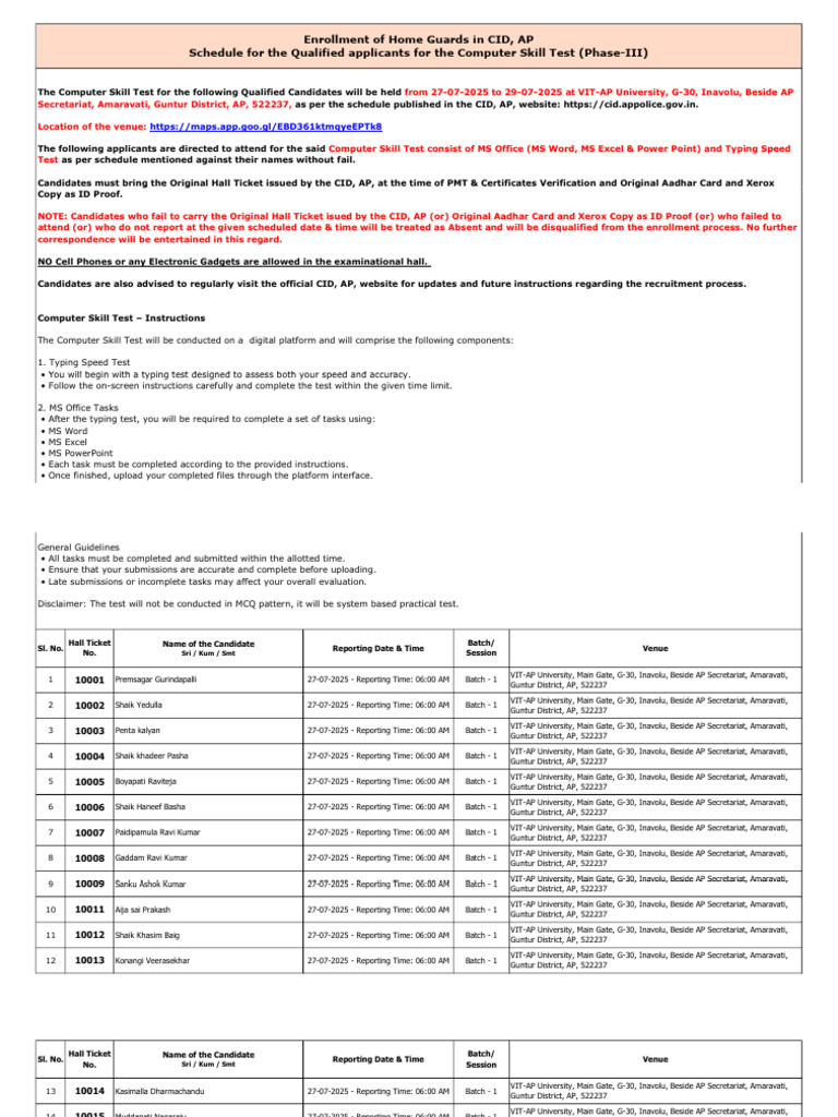 Computer Skill Test Schedule for Home Guards | PDF | Office Equipment ...