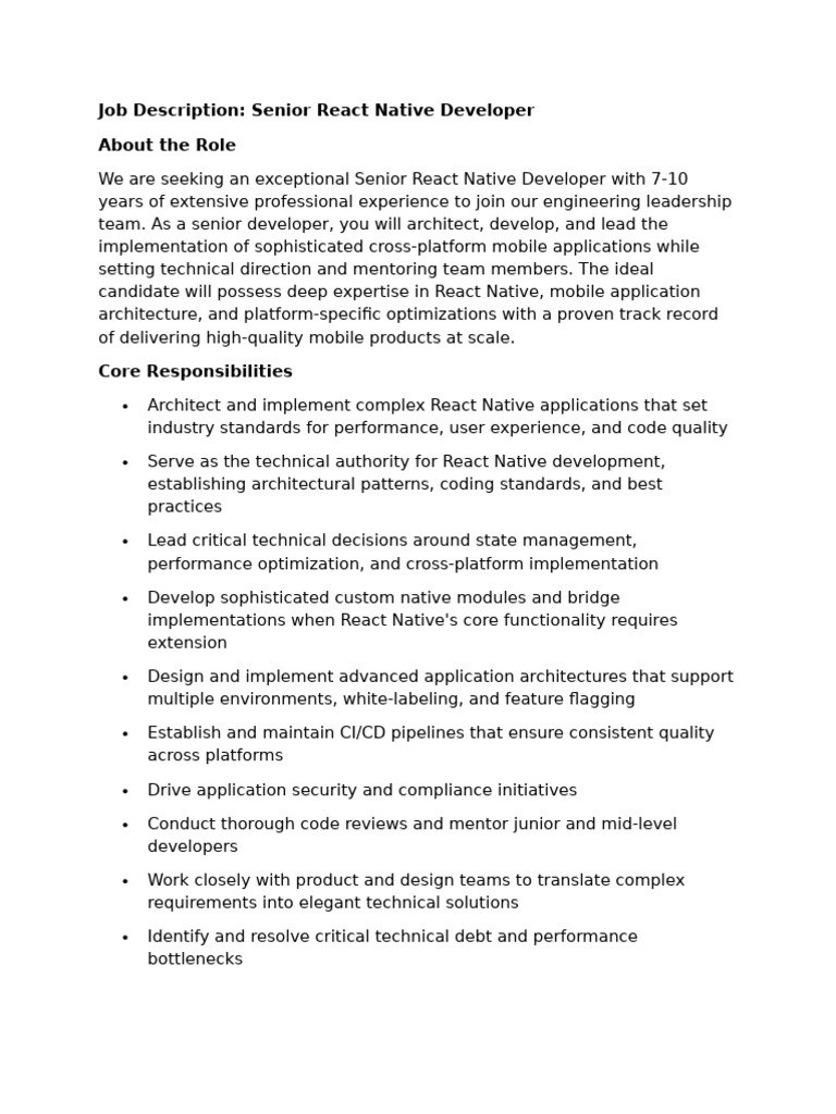 Senior React Native Developer Role | PDF | Software Development | Java ...