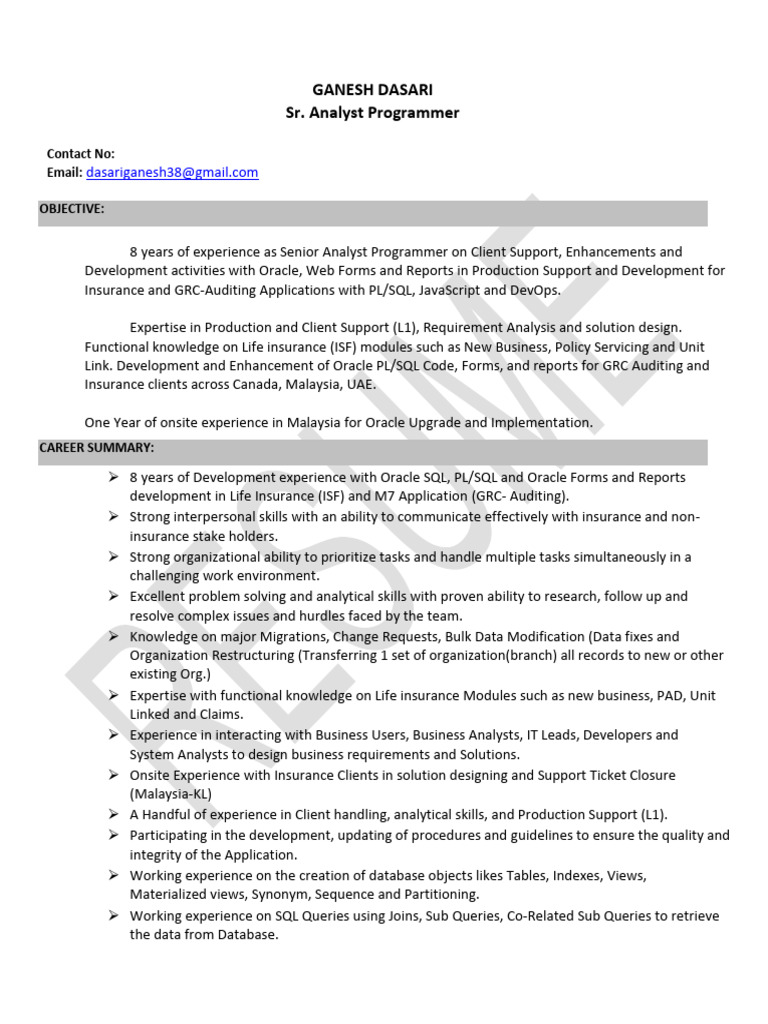 Ganesh 8yrs Developer Resume | PDF | Sql | Pl/Sql