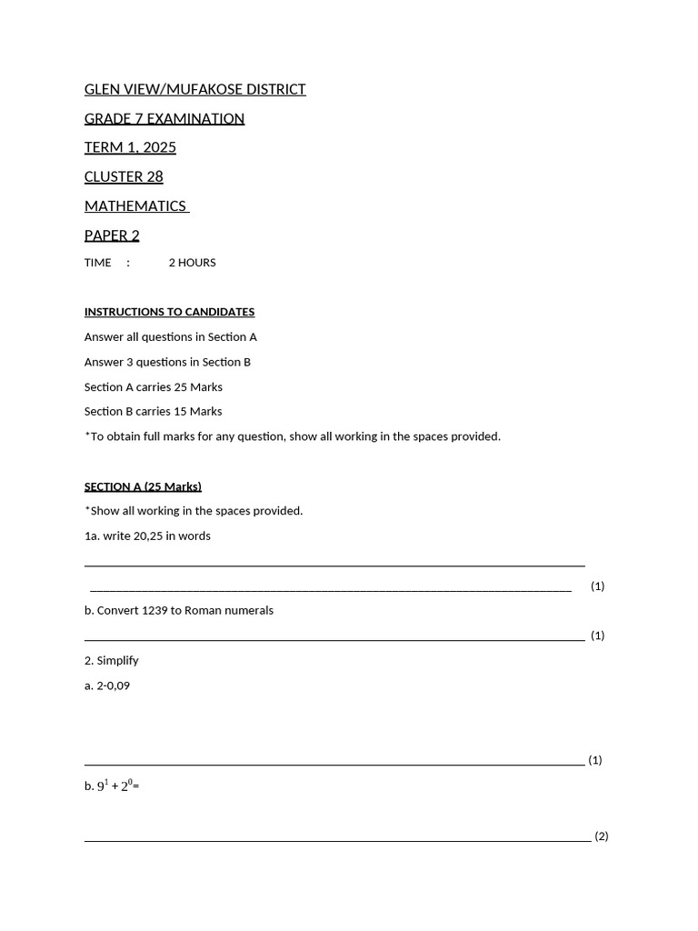 Grade 7 Term 1 Math Exam 2025 | PDF | Mathematics | Elementary Mathematics