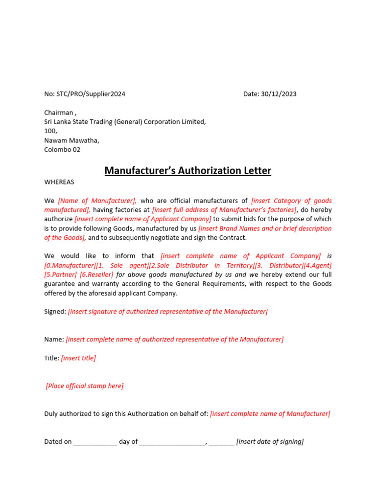 Manufacturer Authorisation Letter Format | PDF