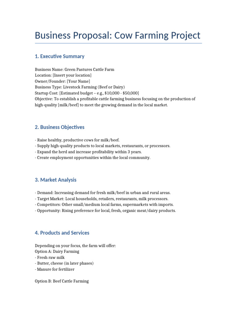 Cow Farming Business Proposal Overview | PDF | Cattle | Dairy