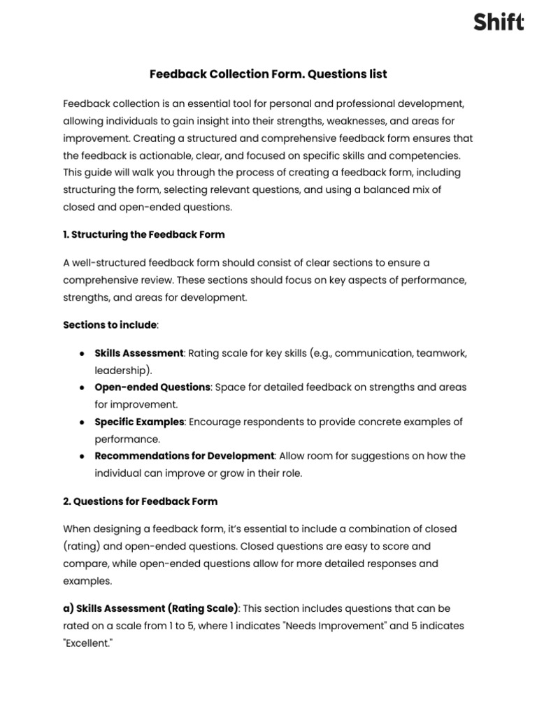 Feedback Collection Form. Questions List | PDF | Leadership | Skill