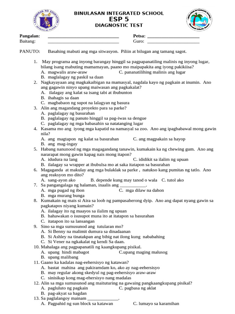 Diagnostic Test_ESP 5 | PDF