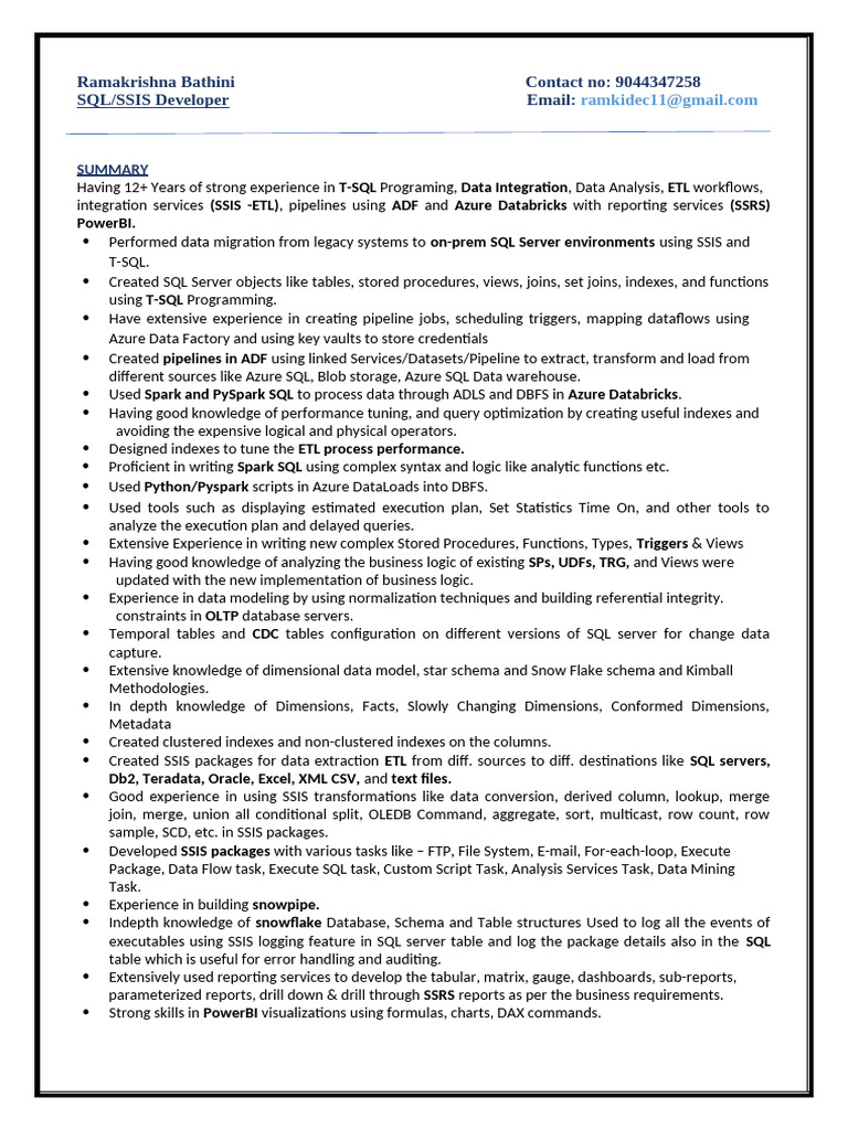 SQL/SSIS Developer Profile and Expertise | PDF | Microsoft Sql Server ...