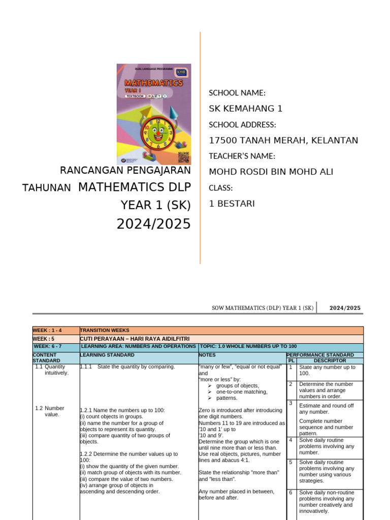 Year 1 Mathematics Curriculum Plan | PDF | Shape | Volume