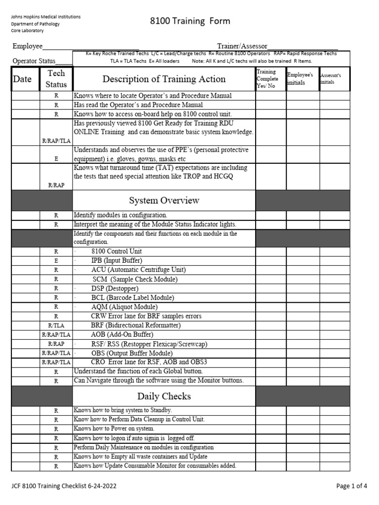 8100 Training Checklist for Pathology | PDF