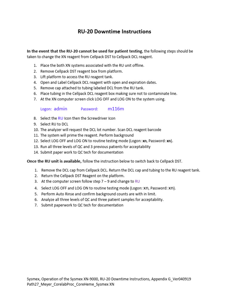 RU-20 Downtime Procedures for Sysmex XN | PDF