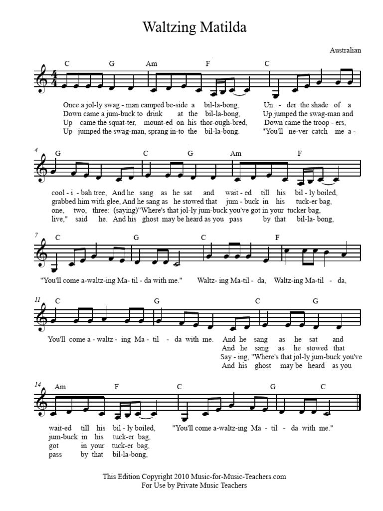 Waltzing Matilda Lead Sheet C | PDF | Songs | Folk Songs