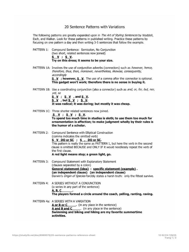 20 Basic Sentence Patterns Guide | PDF