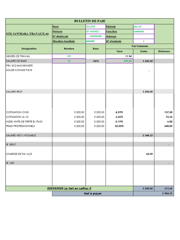 Bulletin de paie M. Hamed - Févr 2025 | PDF | Salaires | Bulletin de ...