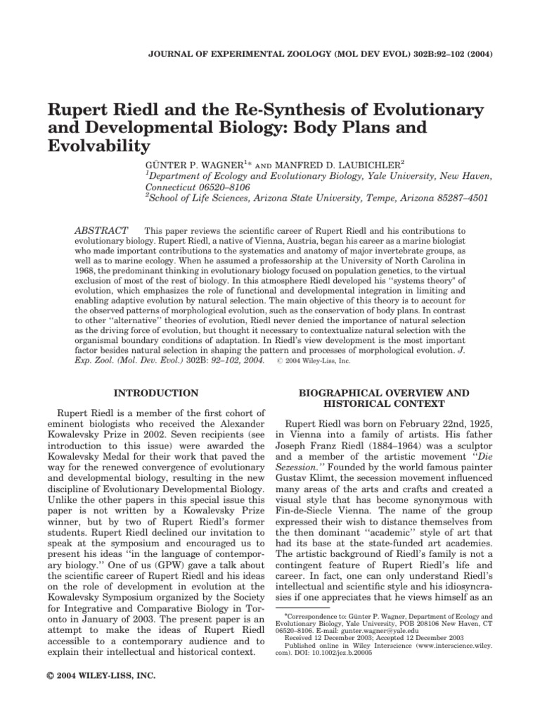 J Exp Zool PT B - 2004 - Wagner - Rupert Riedl and The Re Synthesis of ...