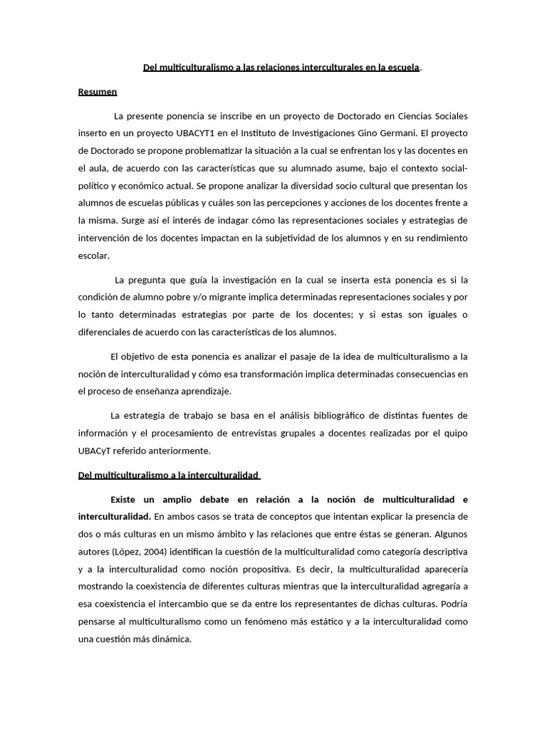 Del Multiculturalismo A Las Relaciones Interculturales en La Escuela ...