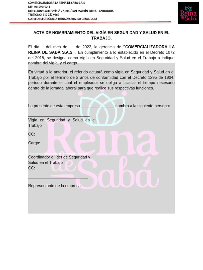 Acta de Nombramiento Del Vigia de Seguridad y Salud en El Trabajo | PDF