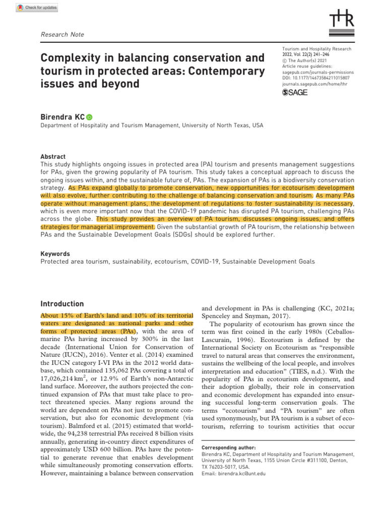 Complexity in Balancing Conservation and Tourism in Protected Areas ...